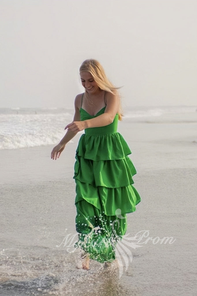 green cup strappy tiered chiffon maxi dress preppy long prom dress