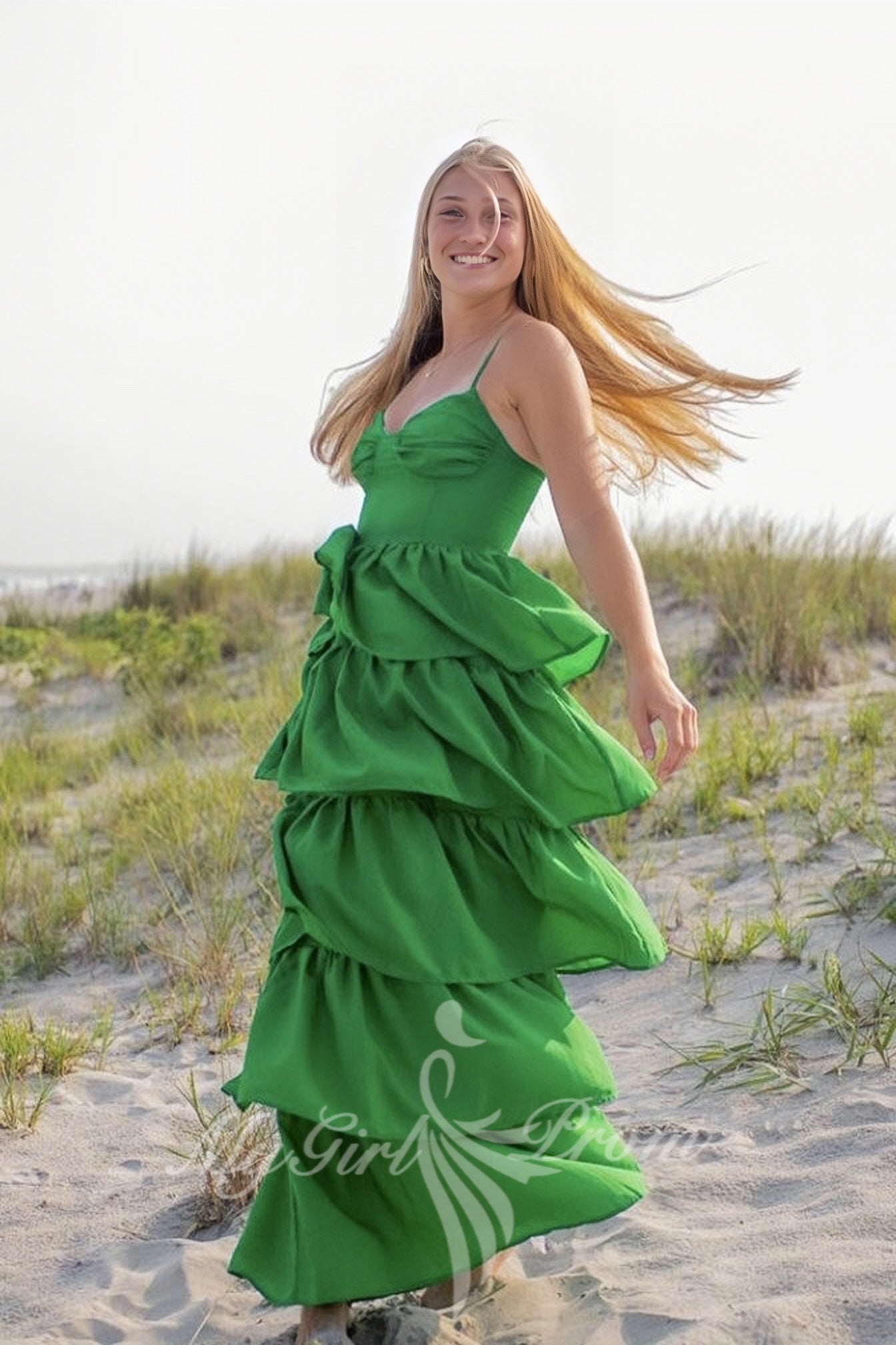 Green Cup Strappy Tiered Chiffon Maxi Dress, Preppy Long Prom Dress GP601