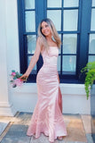 simple strapless pink satin mermaid prom dresses slit preppy party dress