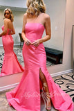 simple strapless pink satin mermaid prom dresses slit preppy party dress