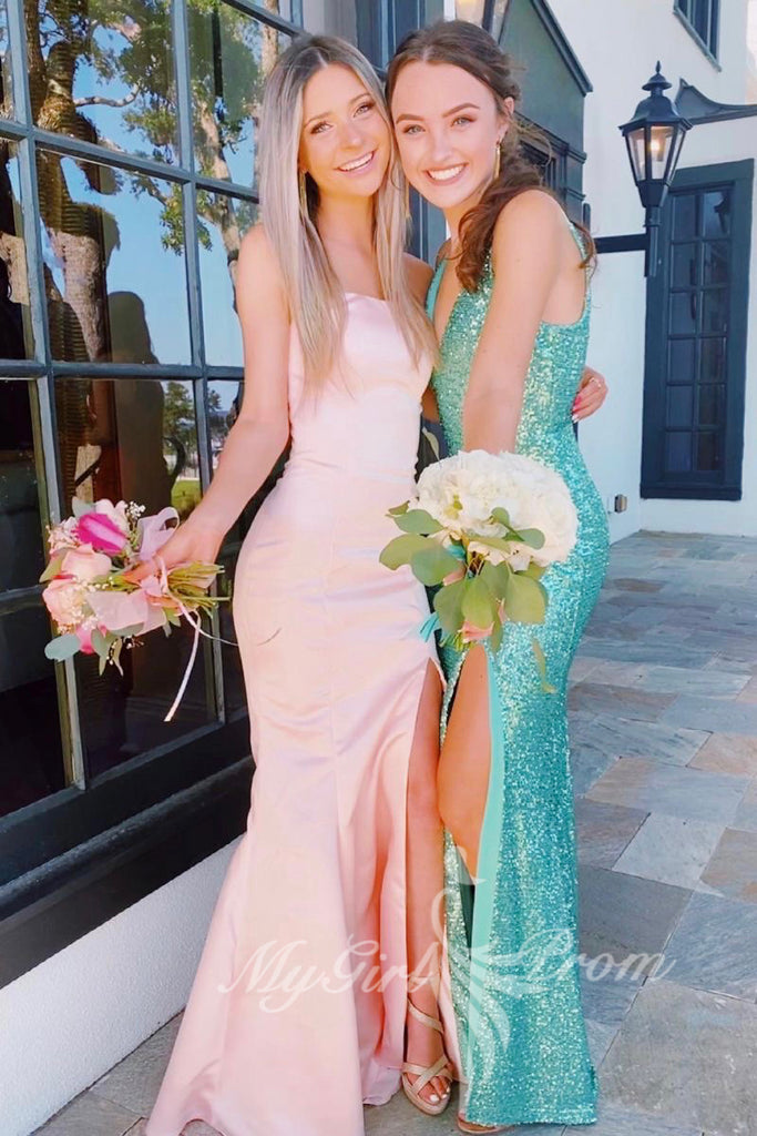 simple strapless pink satin mermaid prom dresses slit preppy party dress