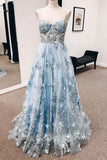 Blue Straps Sweetheart A-Line Floral Appliques Prom Dress, Long Formal Gown GP603