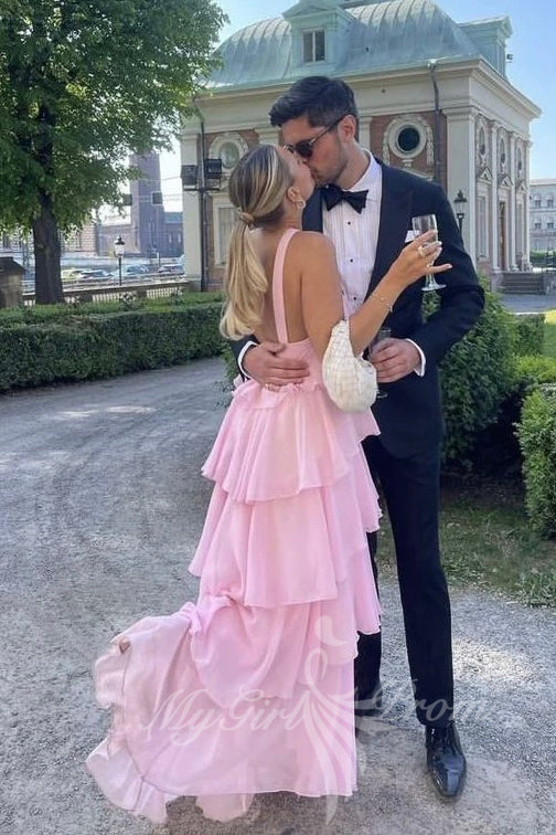 halter ruffled pink prom dress chiffon layered preppy maxi dress