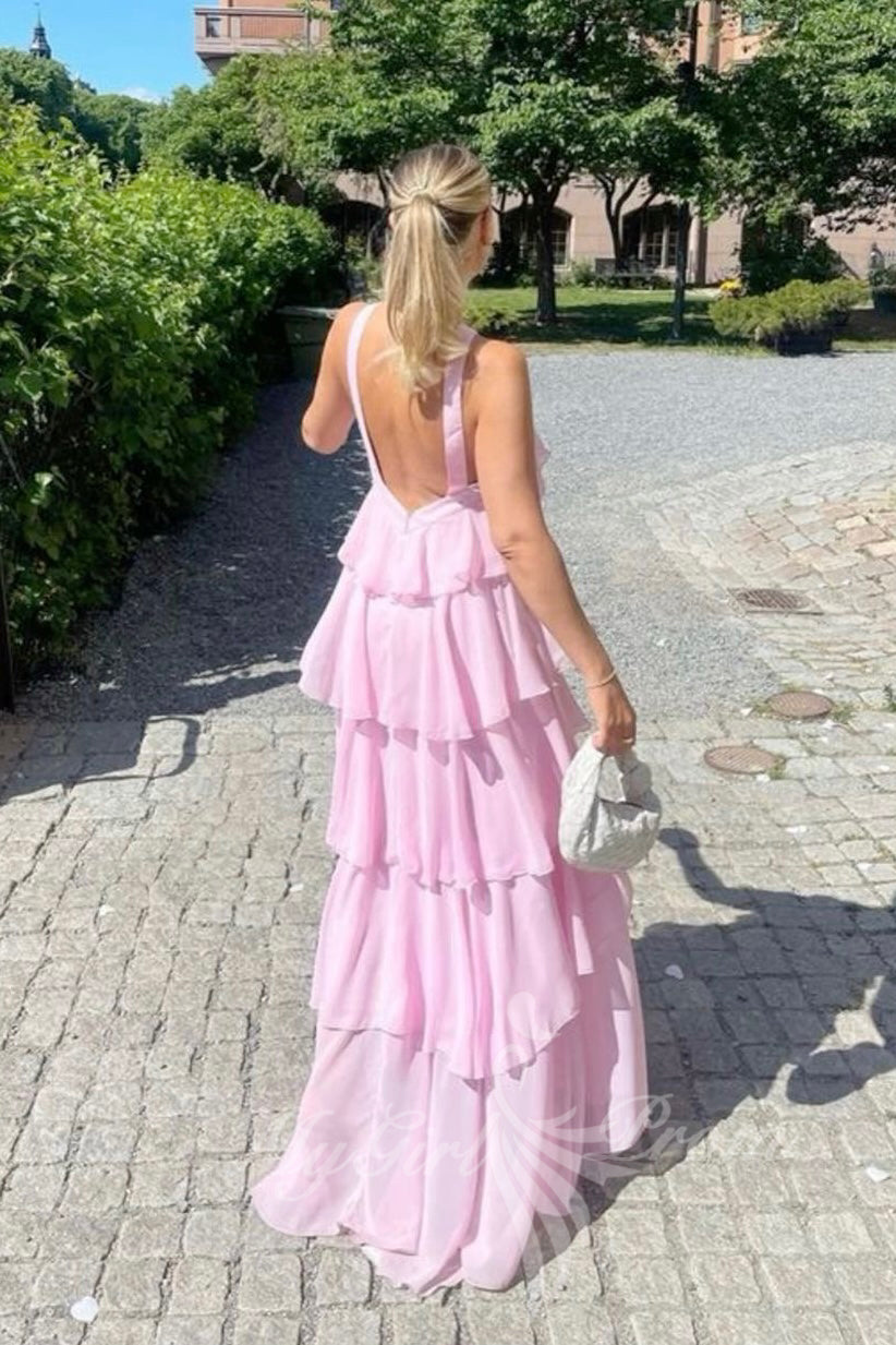 Halter Ruffled Pink Prom Dress, Chiffon Layered Preppy Maxi Dress GP607