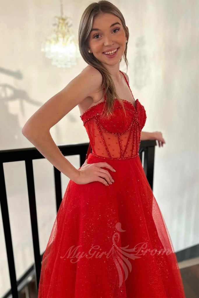 sparkly red straps beaded a line prom dresses glitter formal dress with slit