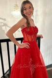 sparkly red straps beaded a line prom dresses glitter formal dress with slit