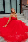 Sparkly Red Straps Beaded A-Line Prom Dresses, Glitter Formal Dress with Slit GP605