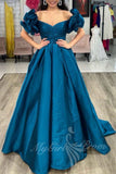 Royal Blue Off the Shoulder Ruffles Sleeves Satin Long Prom Dress GP827