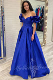Royal Blue Off the Shoulder Ruffles Sleeves Satin Long Prom Dress GP827