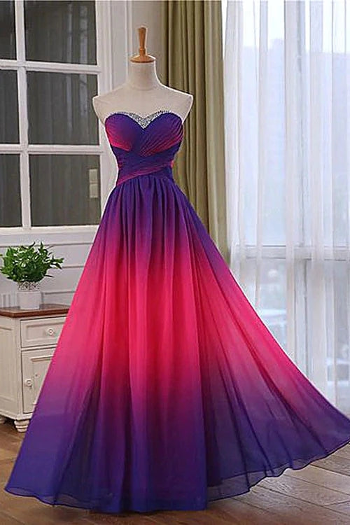 Beads Sweetheart Fuchsia Pink Ombre Chiffon Prom Dress, Long Formal Gown GP649