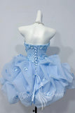 Floral Light Blue Strapless A-Line Short Homecoming Dress With Ruffles GM743