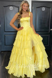 Straps Square Satin Chiffon A-Line Layered Yellow Prom Dress With Slit GP834