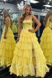 Straps Square Satin Chiffon A-Line Layered Yellow Prom Dress With Slit GP834