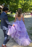 Princess V Neck Ruffle Lilac Long Prom Dress, Shiny Formal Graduation Dress GP836