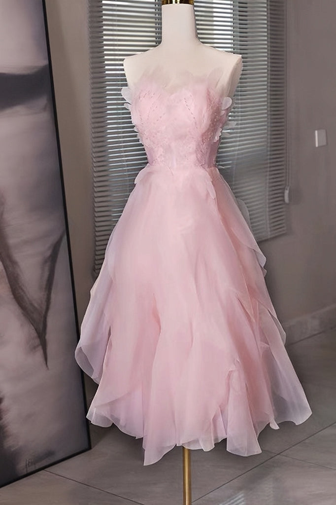 Princess Pink Beaded Ruffle Short Prom Dress Organza Homecoming Dress GP701