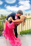 Elegant Hot Pink Prom Dress Embellishments Mermaid Slit Formal Gown GP777