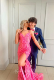 Elegant Hot Pink Prom Dress Embellishments Mermaid Slit Formal Gown GP777