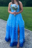 A-line Ruffled Blue Ombre Prom Dress Backless Formal Plus Size Gown GP780