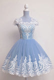 Princess Blue Short Prom Dresses Tulle Homecoming Dress With Lace Appliques GM700