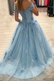 Sky Blue Cinderella Ball Gown with 3D Floral Lace Long Prom Dress GP843