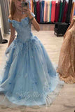 Sky Blue Cinderella Ball Gown with 3D Floral Lace Long Prom Dress GP843