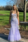 Lavender Spaghetti Straps Sweetheart Lace Appliques Mermaid Prom Dress GP779