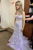 Lavender Spaghetti Straps Sweetheart Lace Appliques Mermaid Prom Dress GP779