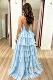 Light Blue Tiered Corset Prom Dress Layered Chiffon Sweetheart Formal Gown GP842