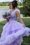 Lilac Ruffle Tiered Tulle  Prom Dress A-Line V Neck Beaded Formal Gown GP803