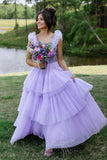 Lilac Ruffle Tiered Tulle  Prom Dress A-Line V Neck Beaded Formal Gown GP803