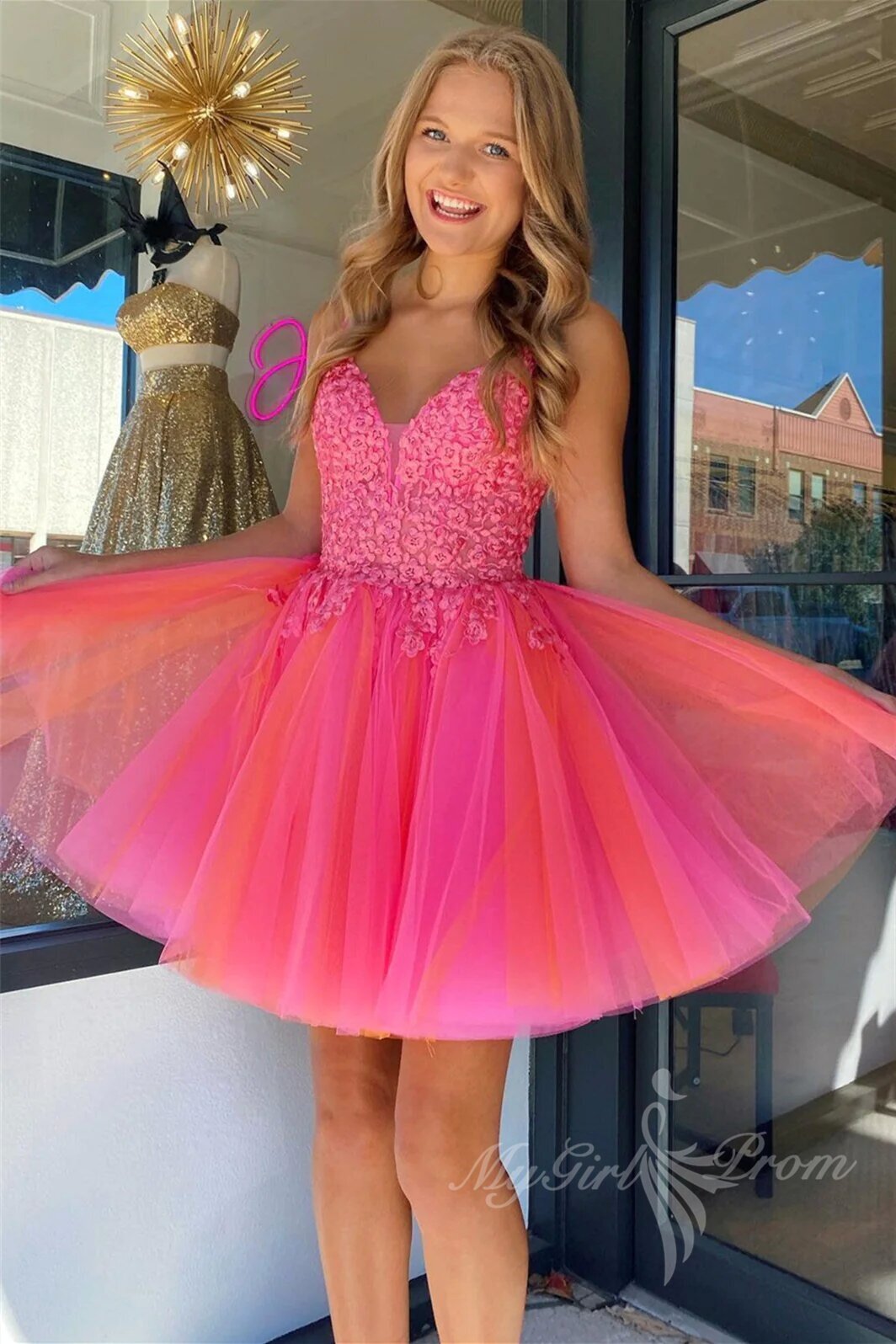 Lovely Pink Short Prom Dress V Neck Sweet 15 Party Puffy Skirt Homecoming Dress GM636