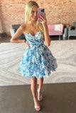 Charm Sweetheart Blue Print Ruffle Short Chiffon Homecoming Dress GM693