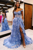 A Line Blue Tulle Rffules Long Prom Dress with Appliques, Slit Formal Gown GP715