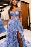 A Line Blue Tulle Rffules Long Prom Dress with Appliques, Slit Formal Gown GP715