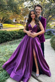 V Neck Purple Spaghetti Straps A Line Long Prom Dress with Split GP711