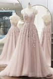 Spaghetti Straps Pink Tulle A Line Long Prom Dress with Applique GP713