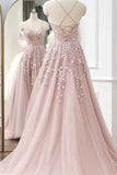 Spaghetti Straps Pink Tulle A Line Long Prom Dress with Lace Applique GP713