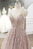 Spaghetti Straps Pink Tulle A Line Long Prom Dress with Lace Applique GP713