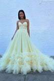 Sweetheart Yellow Tulle Long Prom Dress with Ruffles Applique GP712