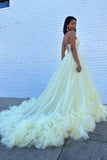 Sweetheart Yellow Tulle Long Prom Dress with Ruffles Applique GP712