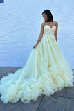 Sweetheart Yellow Tulle Long Prom Dress with Ruffles Applique GP712