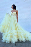 Sweetheart Yellow Tulle Long Prom Dress with Ruffles Applique GP712