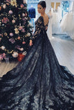 A Line Appliques V-neck Lace Black Prom Wedding Dress with Long Sleeves PW585