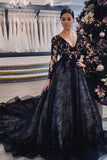 A Line Appliques V-neck Lace Black Prom Wedding Dress with Long Sleeves PW585