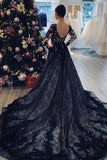 A Line Appliques V-neck Lace Black Prom Wedding Dress with Long Sleeves PW585