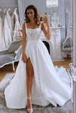 Gorgeous Straps Long Wedding Dress with Appliques, A Line Bridal Gown with Slit PW587