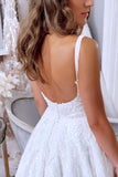 Gorgeous Straps Long Wedding Dress with Appliques, A Line Bridal Gown with Slit PW587