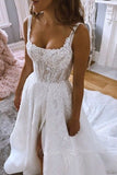 Gorgeous Straps Long Wedding Dress with Appliques, A Line Bridal Gown with Slit PW587