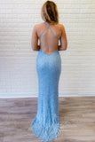 Blue Mermaid Long Prom Dress with Sequin, Backless Evening Dress GP748