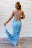 Blue Mermaid Long Prom Dress with Sequin, Backless Evening Dress GP748